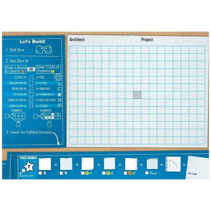 A "Let's Build" game sheet with dice roll instructions and a grid for drawing of floor plan board game