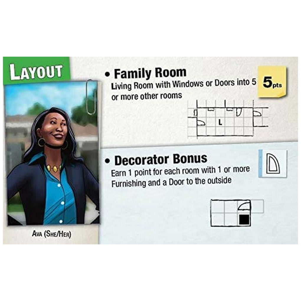 Game card with illustrated character Ava and rules for room layouts and bonuses