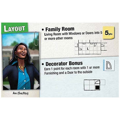 Game card with illustrated character Ava and rules for room layouts and bonuses