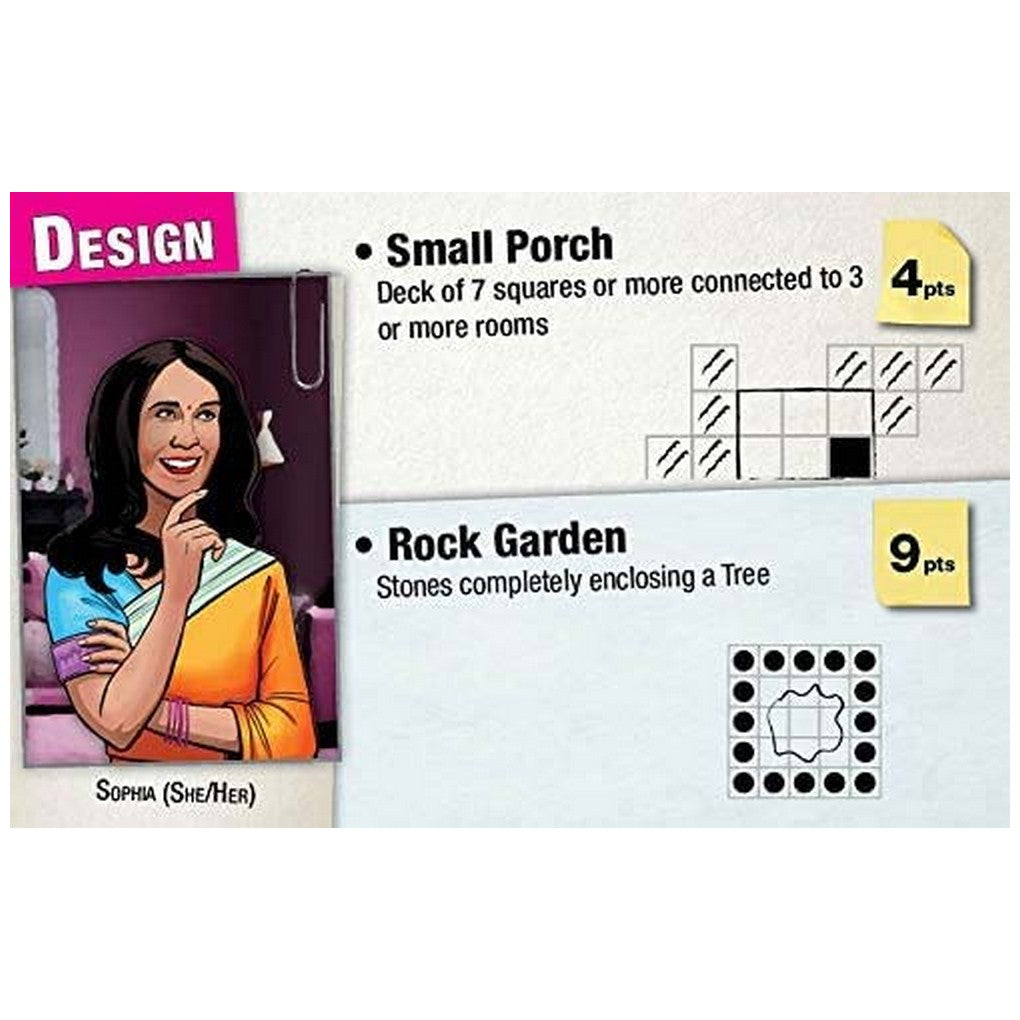 Smiling cartoon woman Sophia on a game card showing "Small Porch" and "Rock Garden" objectives