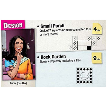 Smiling cartoon woman Sophia on a game card showing "Small Porch" and "Rock Garden" objectives