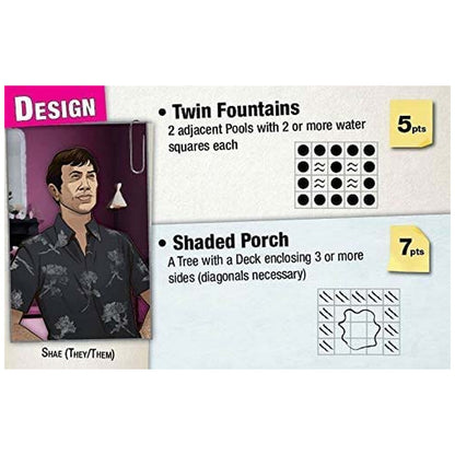 Game card showing character Shae (They/Them) and two design objectives with diagrams and points
