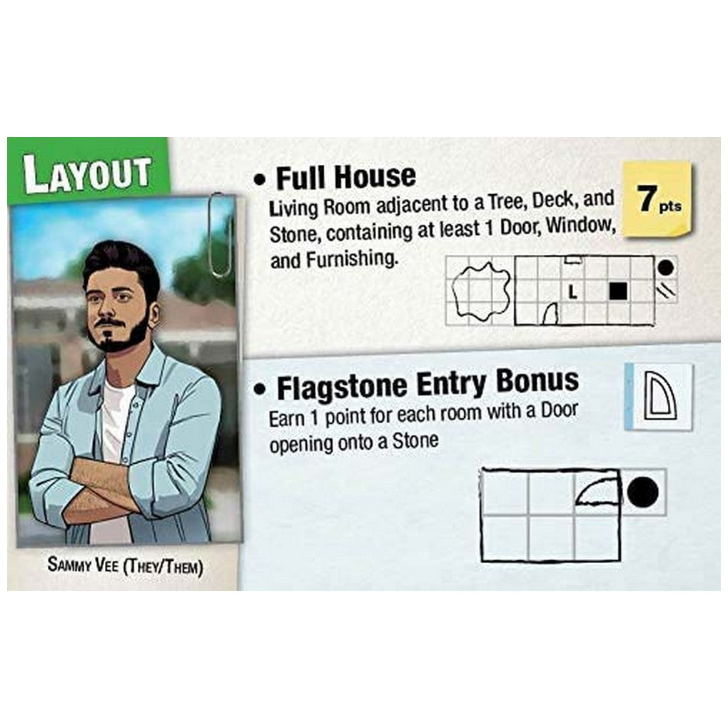 A game card featuring character Sammy Vee, plus 'Full House' and 'Flagstone Entry' bonus rules