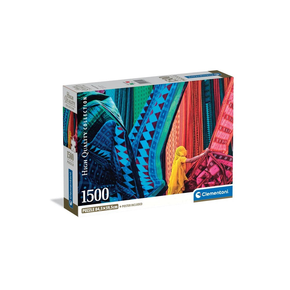 Clementoni High Quality Collection 1500-piece puzzle box featuring a person in yellow examining vibrant hanging fabrics