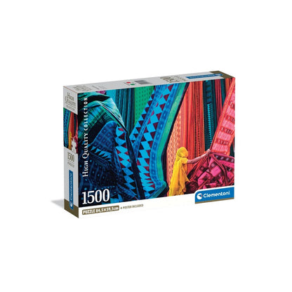 Clementoni High Quality Collection 1500-piece puzzle box featuring a person in yellow examining vibrant hanging fabrics