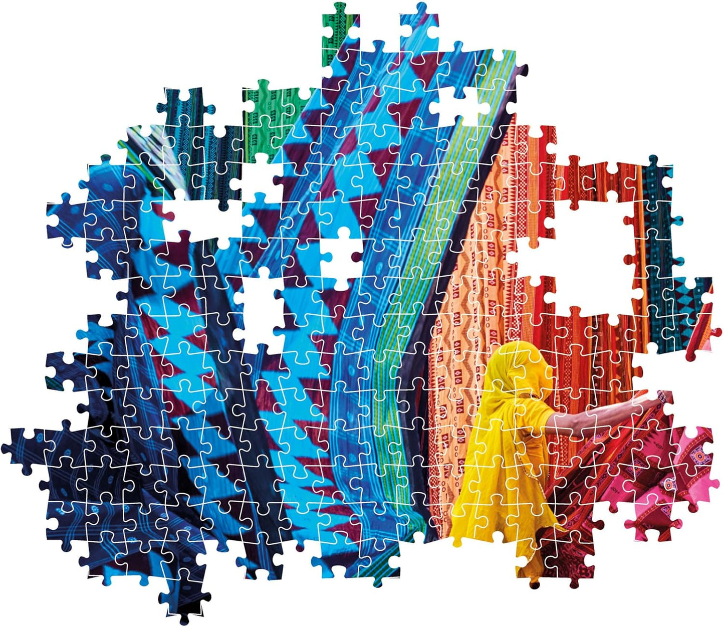 Person in yellow arranges colorful patterned fabrics, depicted as an incomplete jigsaw puzzle