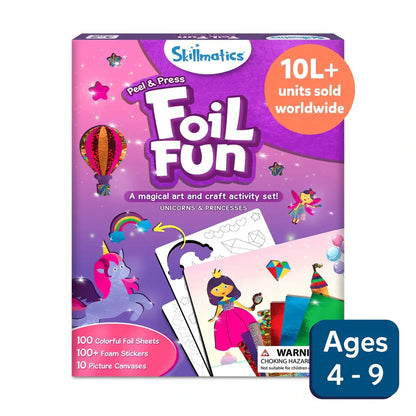 Skillmatics Peel & Press Foil Fun activity box shows foil sheets, stickers, and canvases