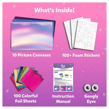 Foil Fun craft kit contents: canvases, foam stickers, colorful foil sheets, googly eyes, and instruction manual