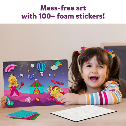 Smiling girl holding a fantasy-themed art board decorated with colorful foam stickers