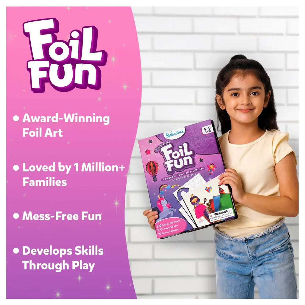 Young girl smiling while holding the Foil Fun art and craft activity kit