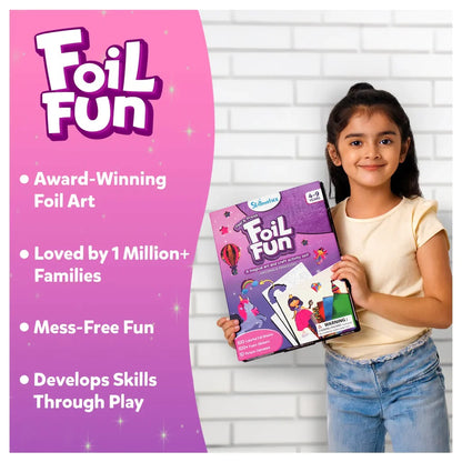 Young girl smiling while holding the Foil Fun art and craft activity kit