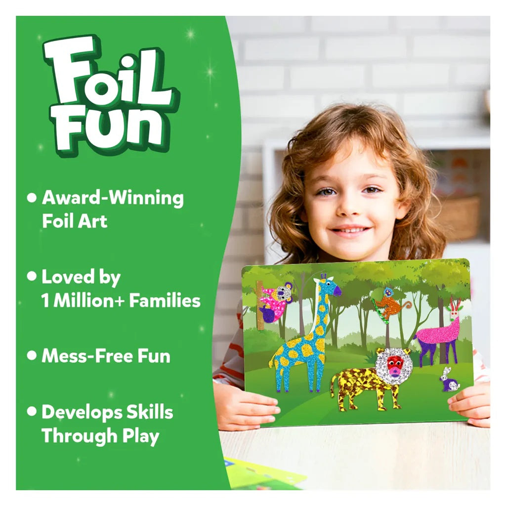 Smiling child holds up a foil art picture of brightly colored jungle animals