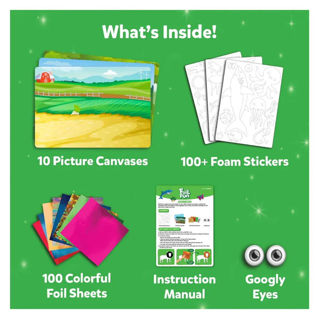 Contents of a foil art kit: picture canvases, colorful foil sheets, foam stickers, instructions, and googly eyes