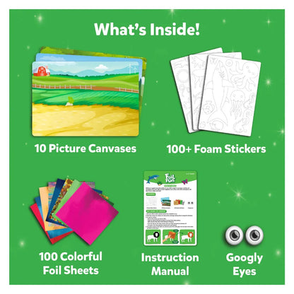 Contents of a foil art kit: picture canvases, colorful foil sheets, foam stickers, instructions, and googly eyes