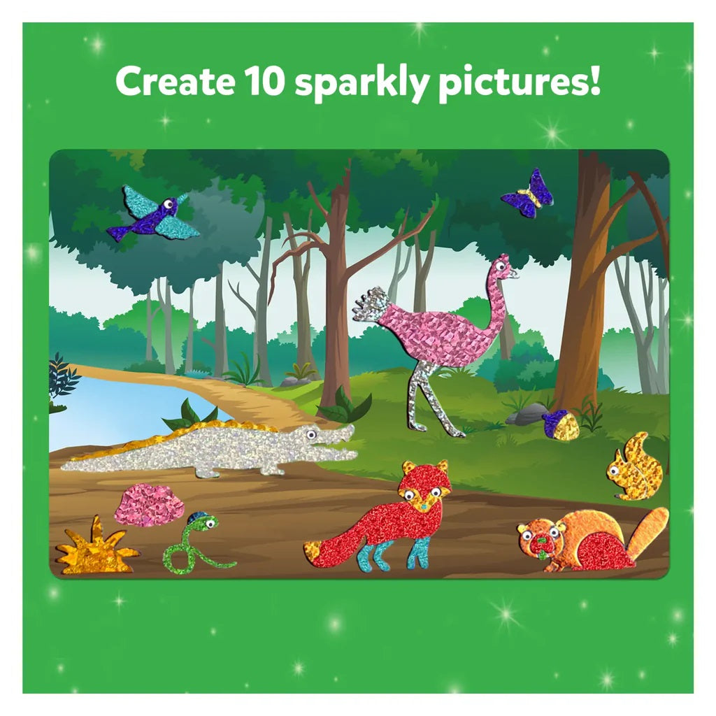 A scene showing ten sparkly glitter animalsâ€”crocodile, ostrich, fox, and birdâ€”on a forest background