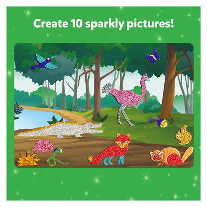 A scene showing ten sparkly glitter animalsâ€”crocodile, ostrich, fox, and birdâ€”on a forest background