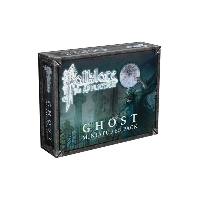 Folklore The Affliction Ghost Miniatures Pack box, featuring a green-eyed ghost pointing at a full moon over a graveyard.
