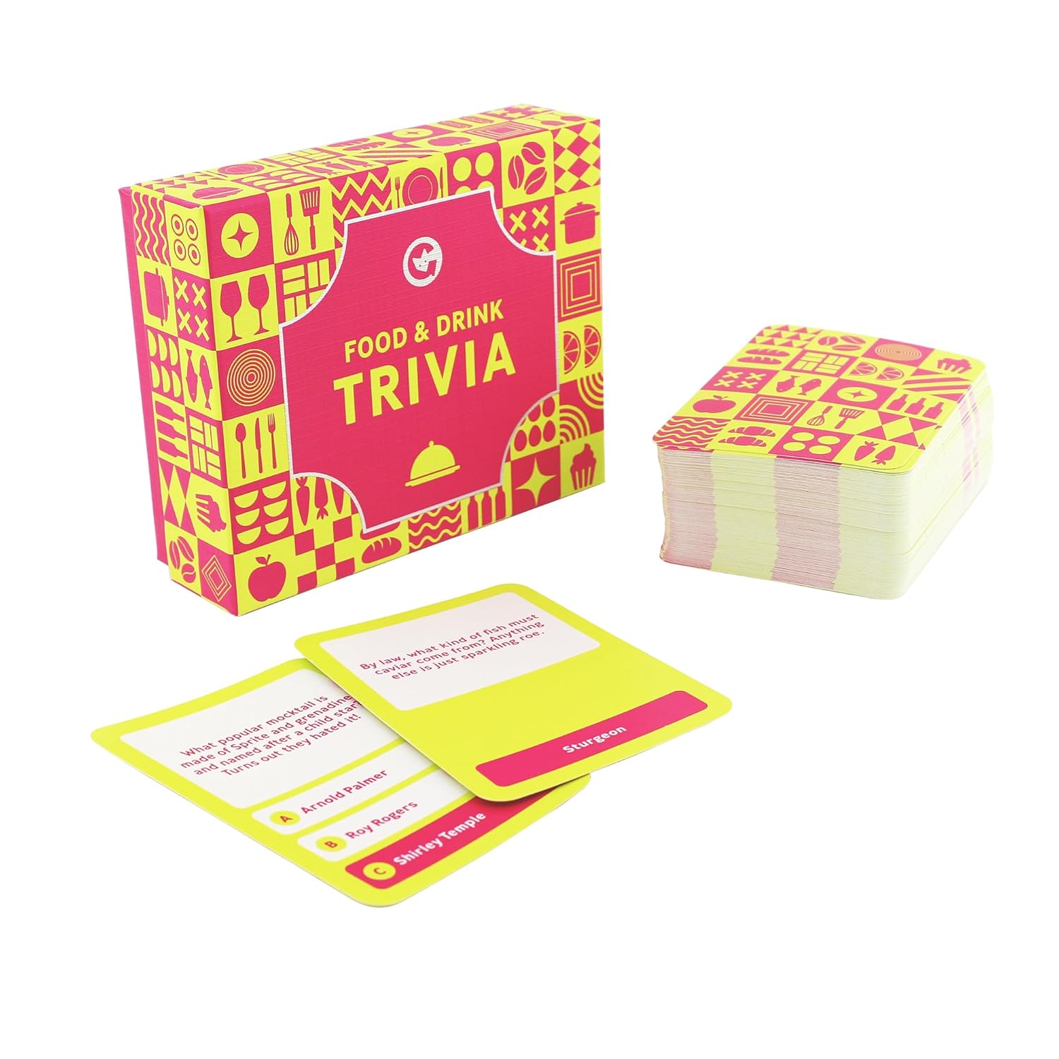 Bright pink and yellow Food & Drink Trivia game box, stack of cards, and two face-up cards with questions/answers