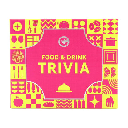 Bright pink and yellow "FOOD & DRINK TRIVIA" game box, adorned with cooking and beverage icons