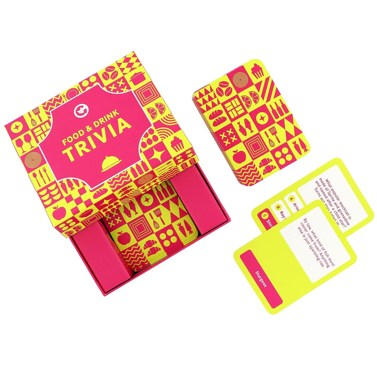 Open Food &amp; Drink Trivia game box with pink/yellow cards, two showing questions