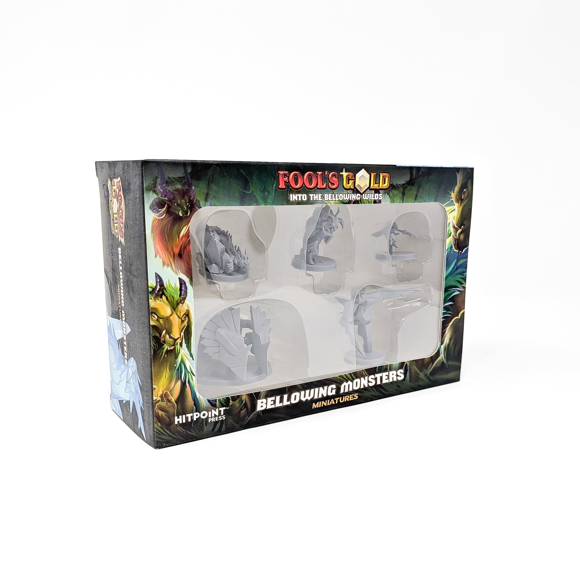 Fool's Gold Bellowing Monsters Miniatures box, showing 6 unpainted grey fantasy figures inside