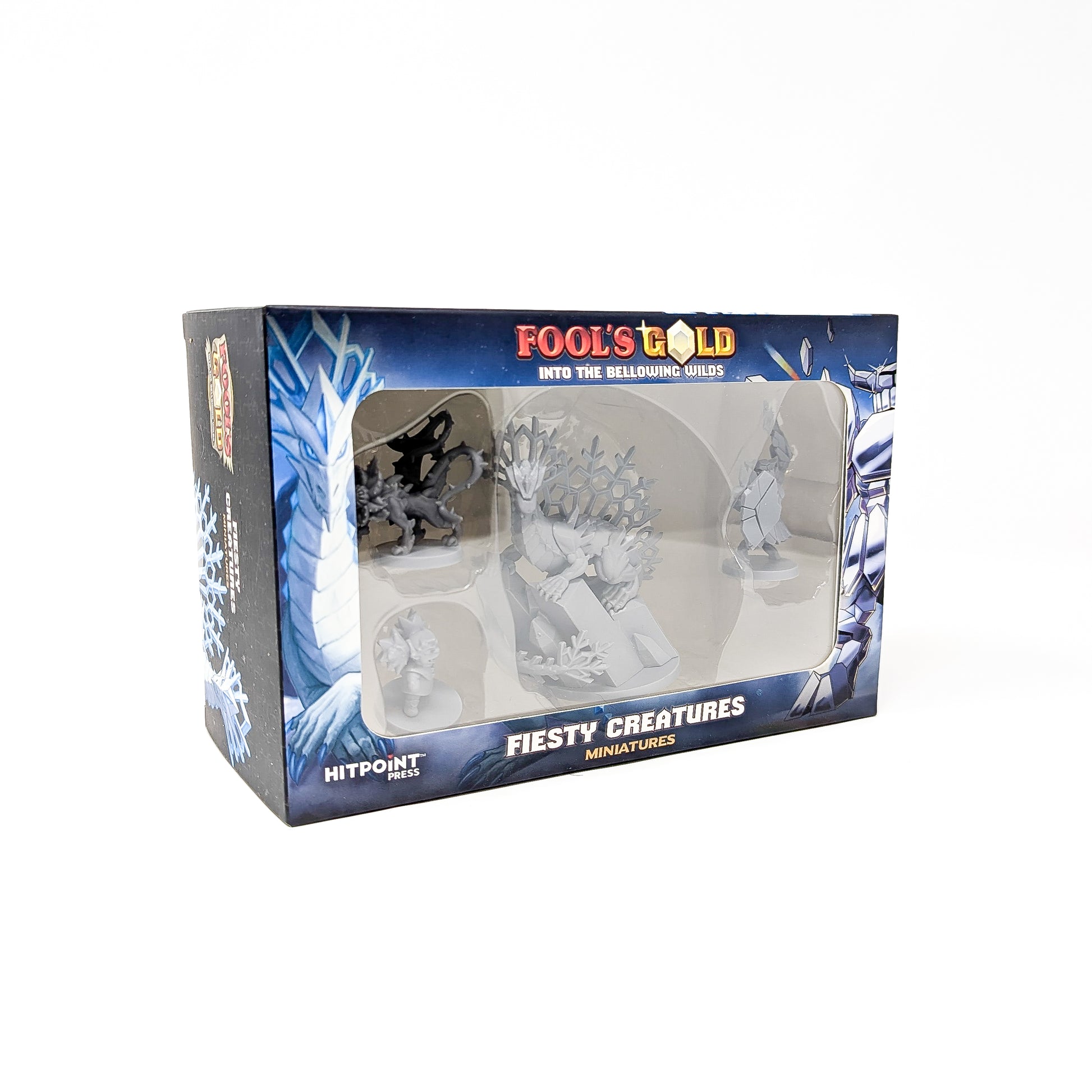 Fool's Gold 'Fiesty Creatures' miniature set box, displaying unpainted grey monster figures through clear packaging