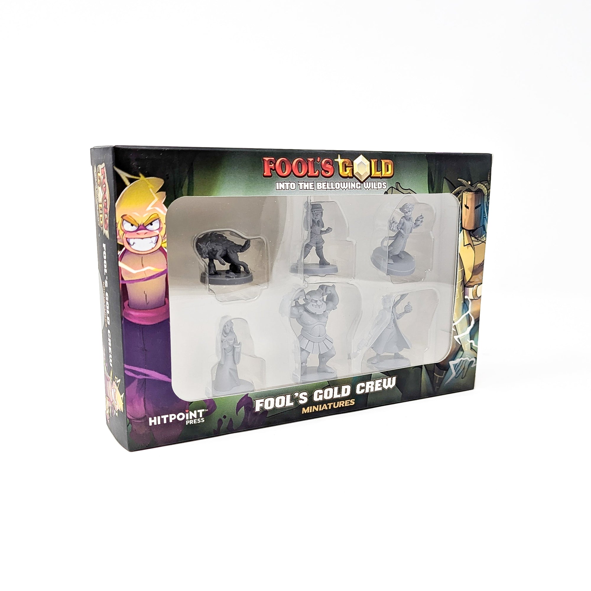A box of "Fool's Gold Crew" miniatures with six unpainted grey plastic figures inside, including humanoids and a wolf