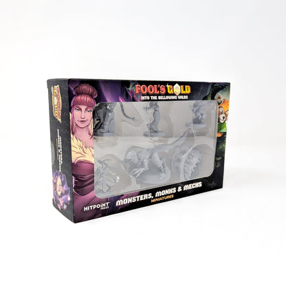 A box of "Fool's Gold: Monsters, Monks & Mechs" miniatures displaying unpainted grey fantasy figures