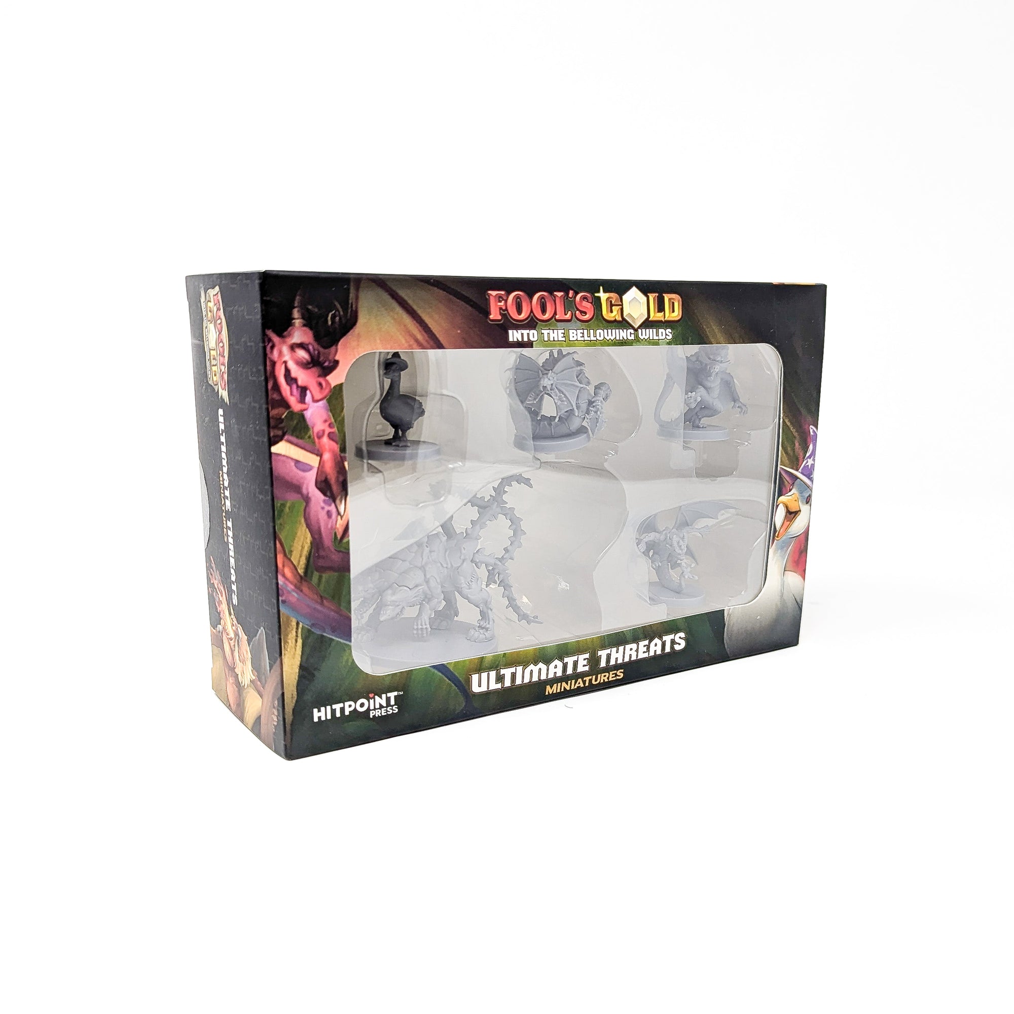 Box for 'Fool's Gold Ultimate Threats Miniatures' showing five grey fantasy figures: a goose in a hat, a winged monster, and other beasts