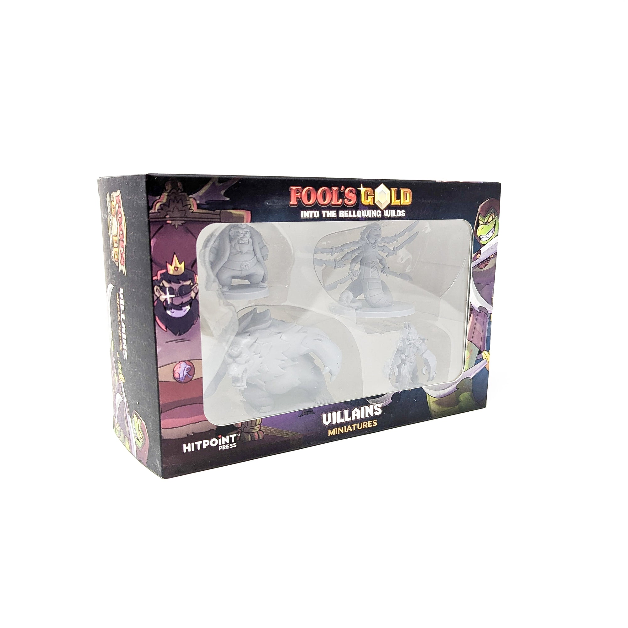 Fool's Gold: Villains Miniatures box with four unpainted grey fantasy figures visible, including a beast and a multi-armed monster