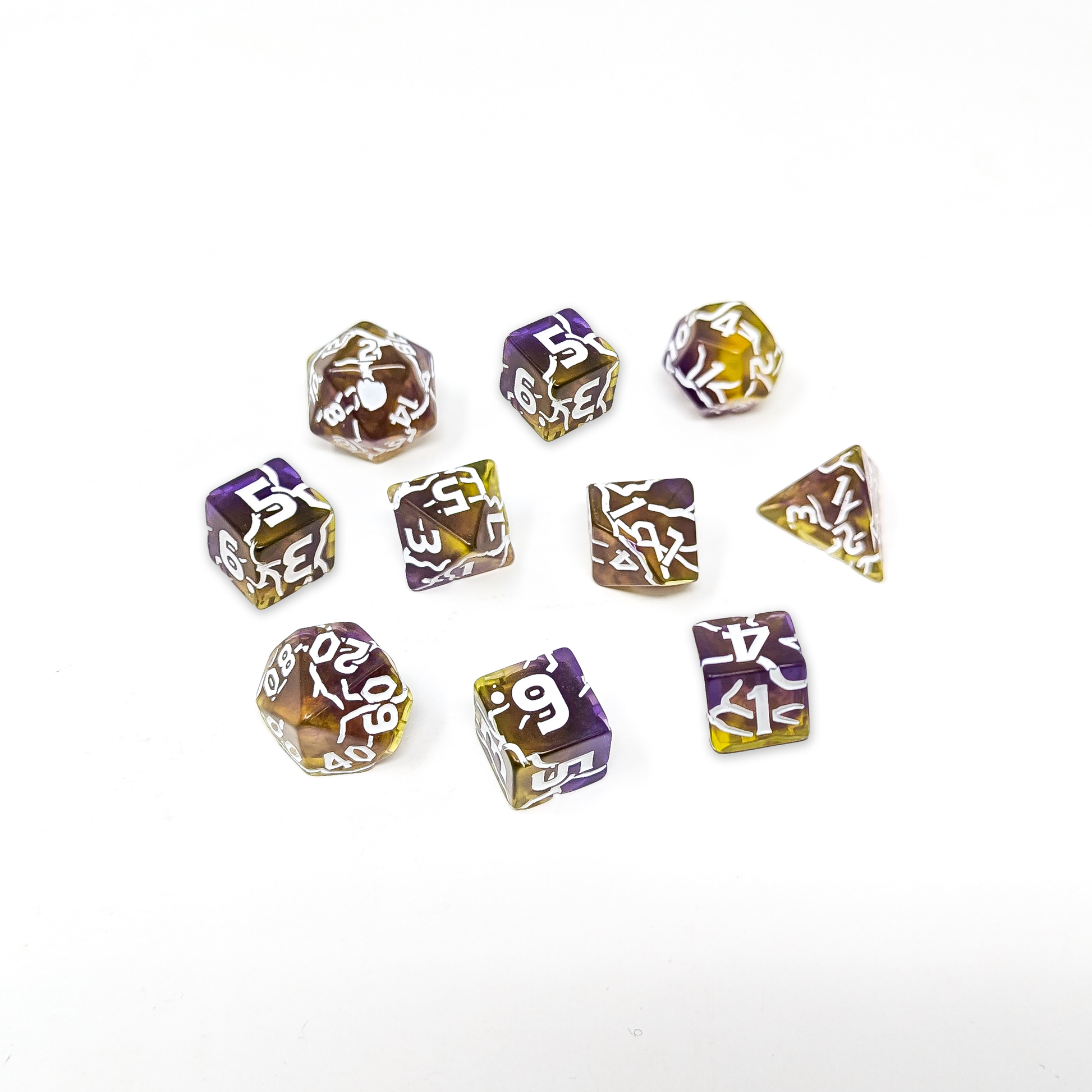 Ten translucent purple and yellow polyhedral dice with white numbers are scattered on a white background