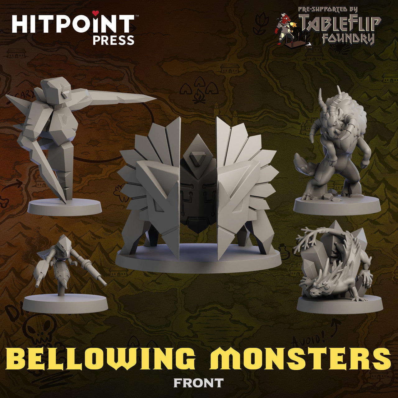 Five unpainted gray 3D monster miniatures: geometric, horned, armored, insectoid, and dragon-like, displayed on a map