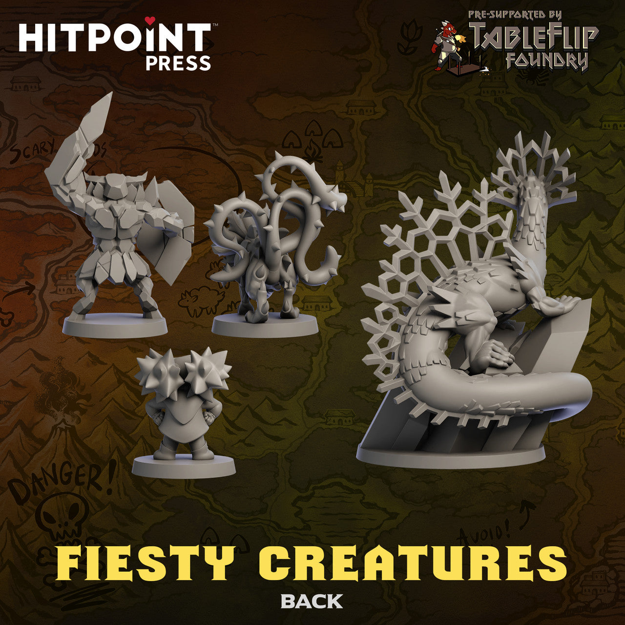 Back views of four unpainted grey tabletop miniatures: a blocky warrior, thorny beast, spiky imp, and a large lizard with snowflake fins