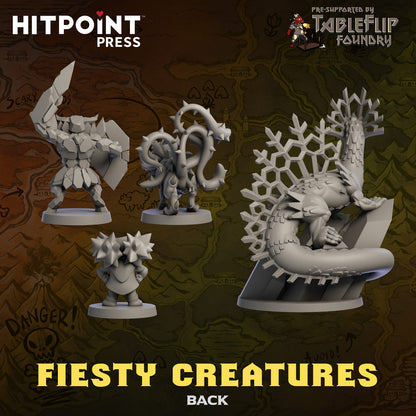 Back views of four unpainted grey tabletop miniatures: a blocky warrior, thorny beast, spiky imp, and a large lizard with snowflake fins