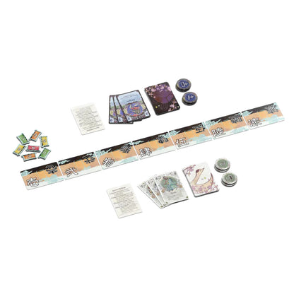 A Japanese "For the Emperor, board game laid out, featuring a long track with kanji, various illustrated card decks, and small tokens