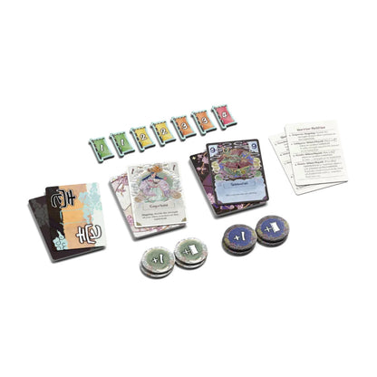 Japanese-themed game components: Empress and Samurai cards, numbered tokens 1-4, and +1 tokens, displayed on white
