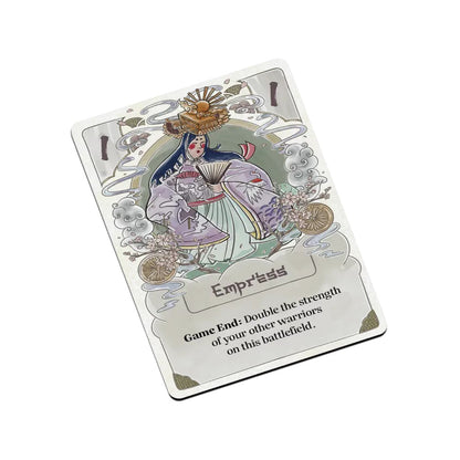 For the Emperor game card: Art of a woman in purple kimono, sun headdress, holding a fan, with cherry blossoms and clouds