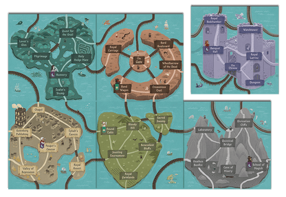 Detailed fantasy board game map showing various themed regions and a grand castle, connected by winding paths and water