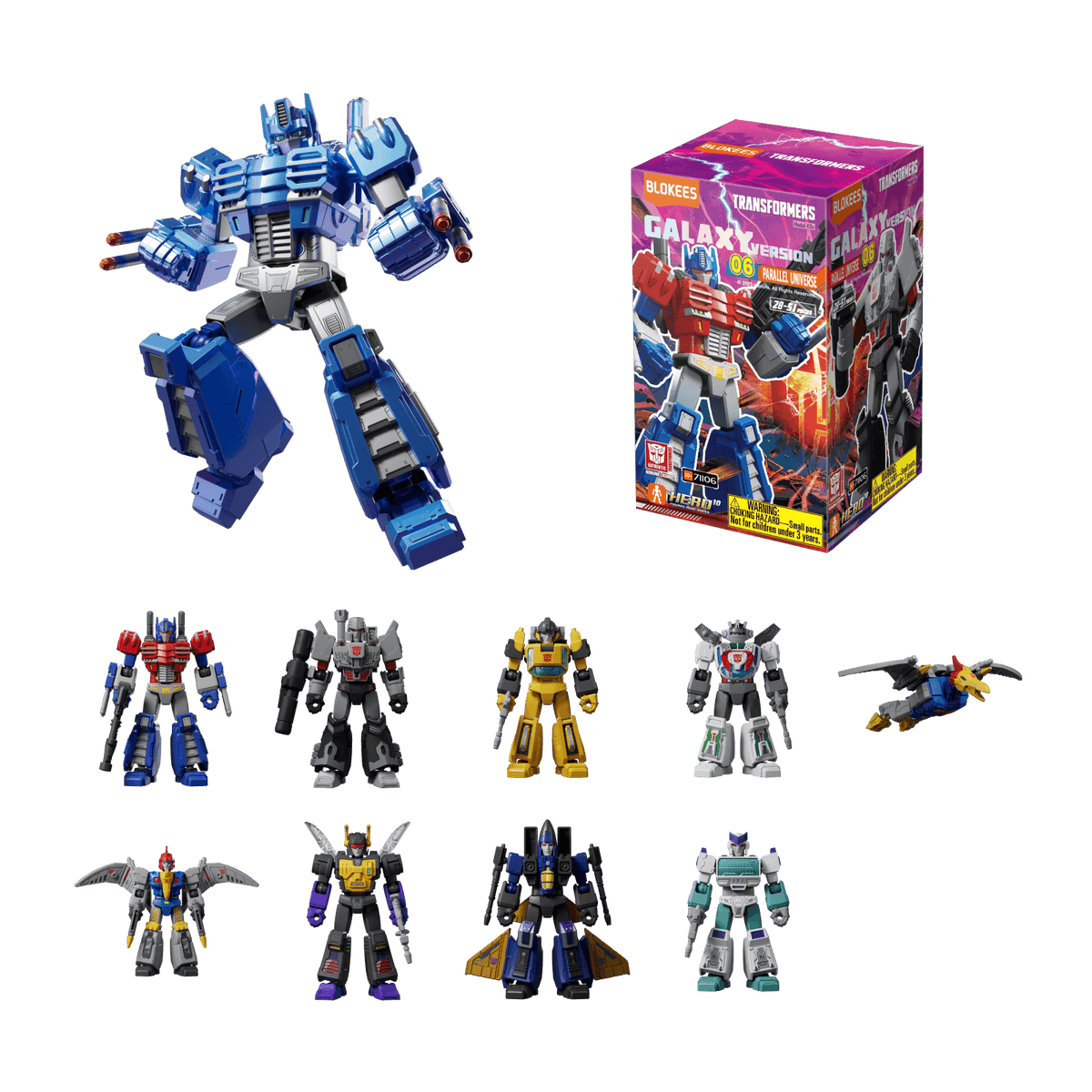 Blue robot toy in dynamic pose and a box of Transformers Galaxy Version 06 Parallel Universe model kits