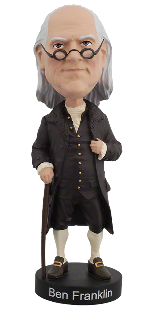 Royal Bobbles Ben Franklin bobblehead figure in black coat and white socks with cane