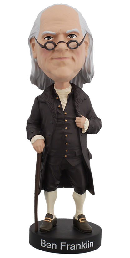 Royal Bobbles Ben Franklin bobblehead figure in black coat and white socks with cane