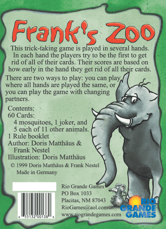 Back of Frank's Zoo game box featuring a large, sad-eyed elephant with raised trunk and a tiny mouse, with game text