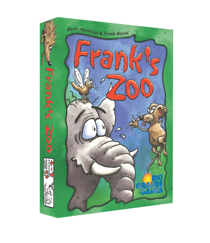 Frank's Zoo board game box showing a cartoon elephant startled by a mosquito, with a mouse watching