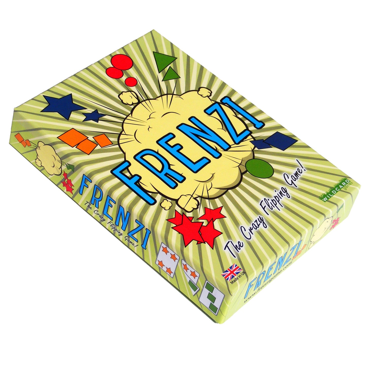 FRENZI board game box. Green striped background, yellow speech bubble with "FRENZI" in blue, colorful shapes. Reads "The Crazy Flipping Game!"
