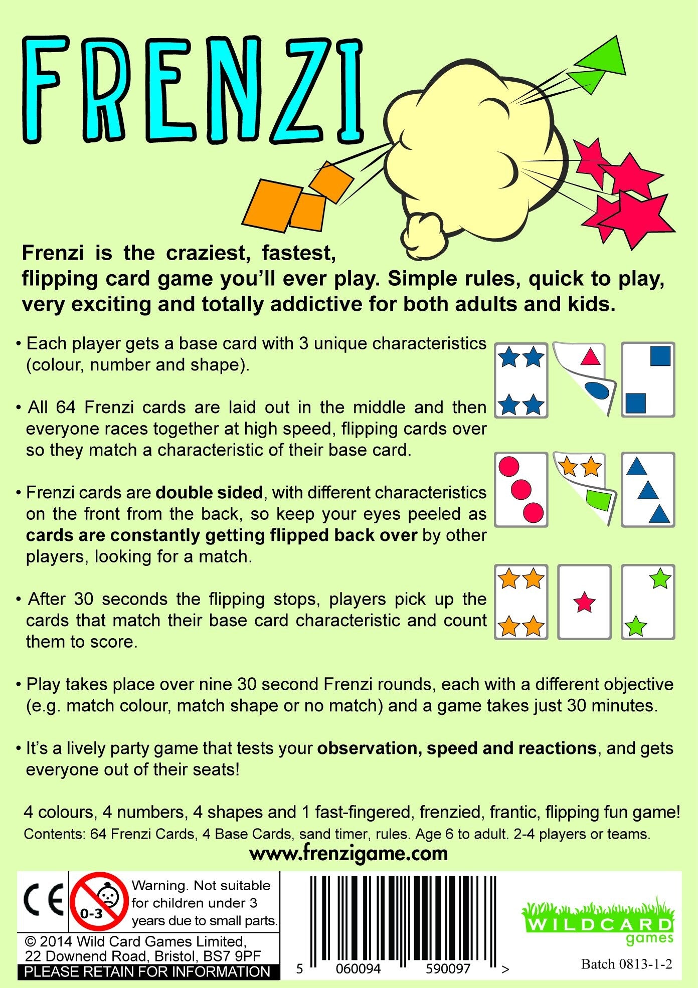 Frenzi card game back: Blue title, an explosion of colorful cards flying, conveying frantic, fast-paced play