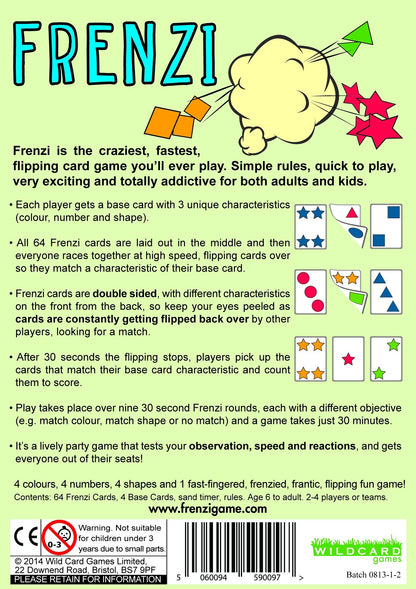 Frenzi card game back: Blue title, an explosion of colorful cards flying, conveying frantic, fast-paced play