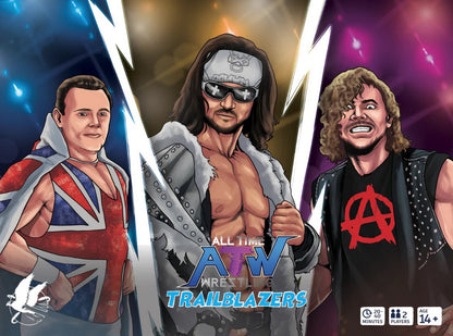Comic art showing three stylized professional wrestlers: one in a Union Jack cape, one in a fur coat, and one in an anarchy shirt