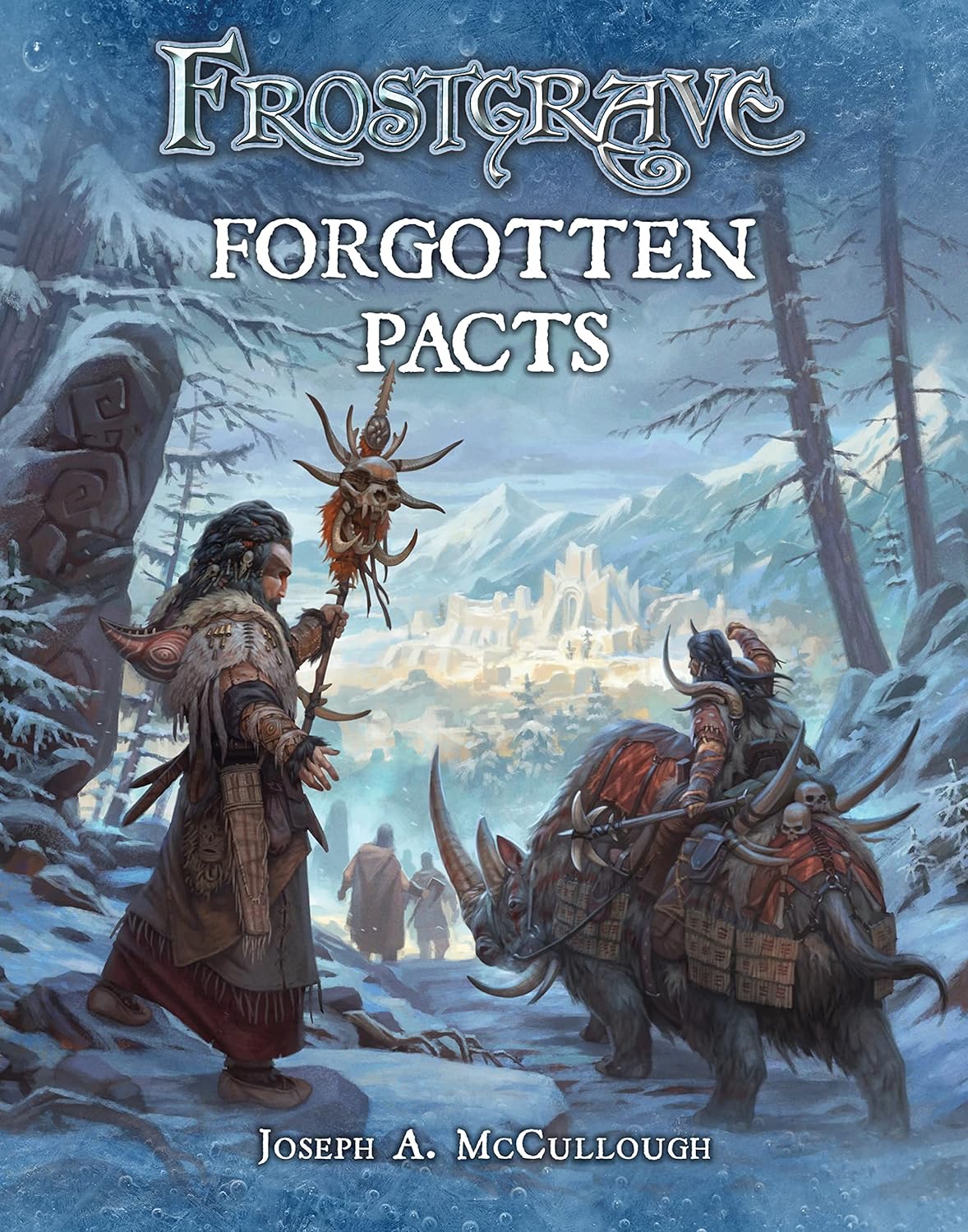 Shaman with skull staff gestures, next to an armored rider on a horned beast in a snowy fantasy land