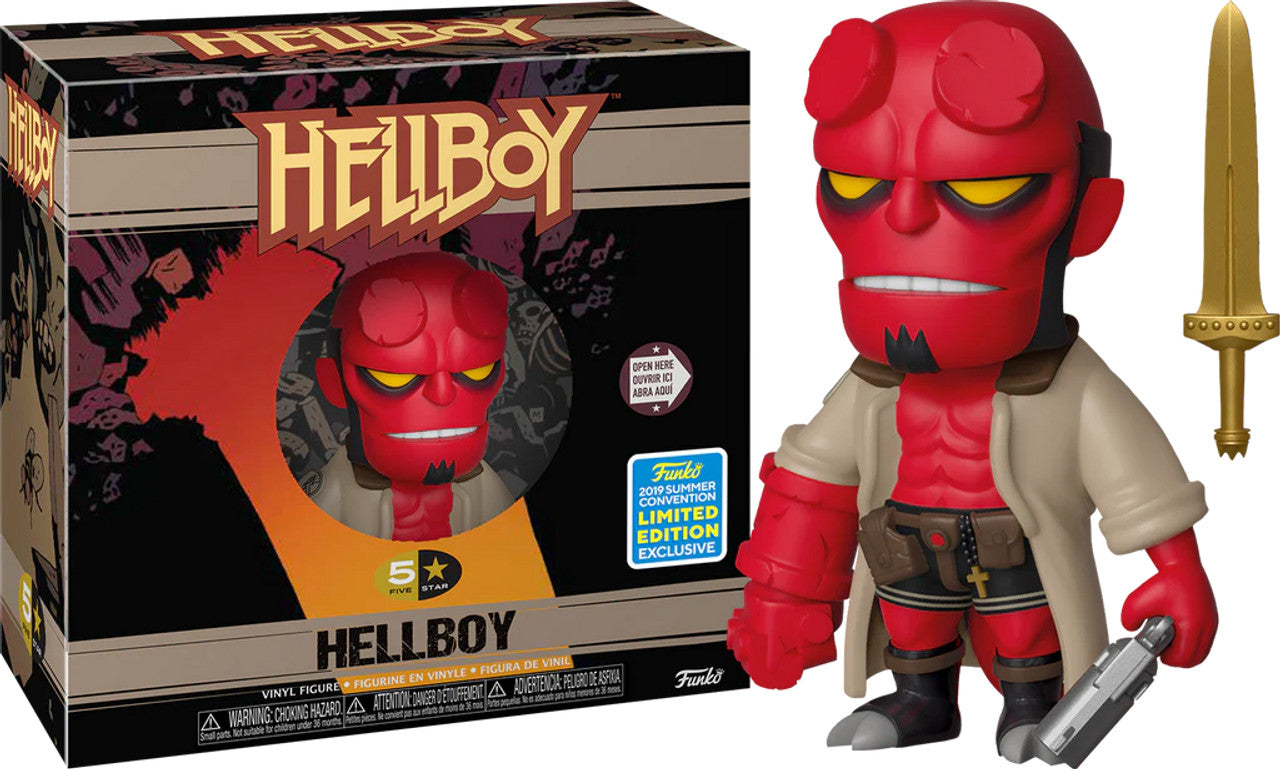 Hellboy Funko 5 Star figure in trench coat, holding a gun, with a golden sword and its limited edition box
