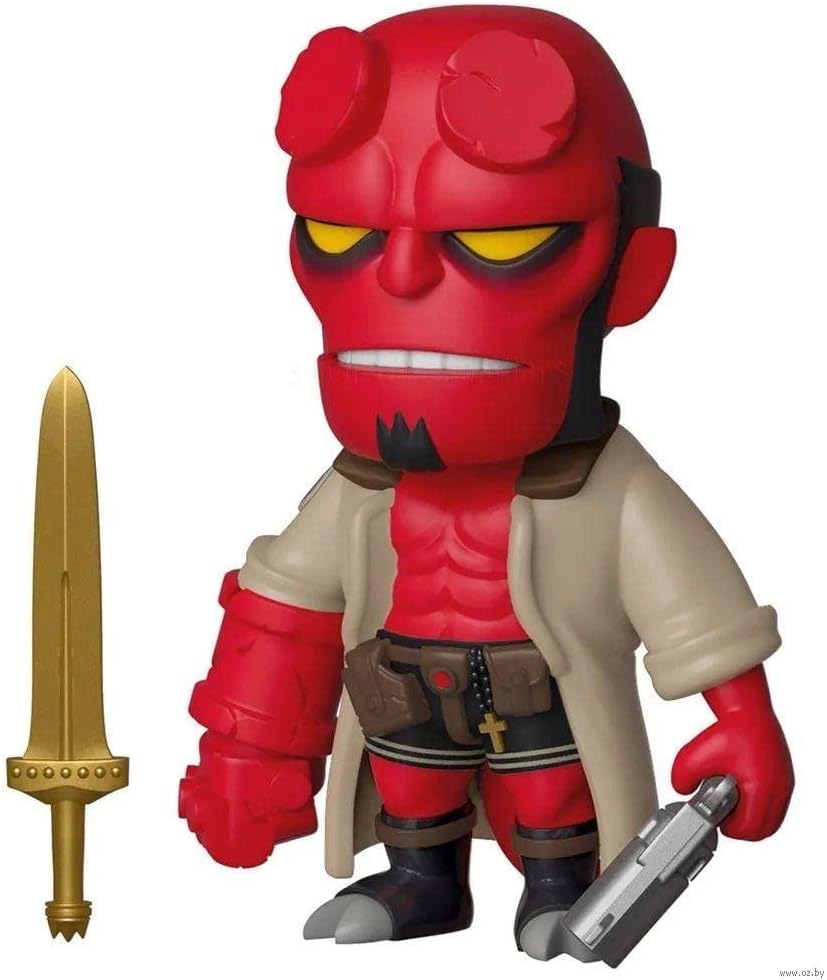 Stylized red Hellboy figure with horn stubs, yellow eyes, tan trench coat, holding a silver pistol, beside a golden sword